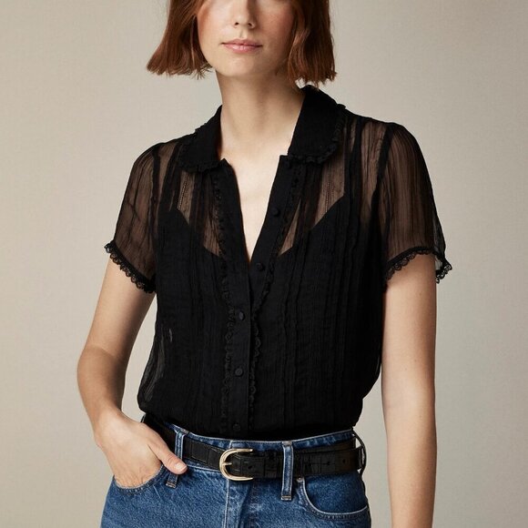 J. Crew Tops - J. Crew Sheer Lace-Trim Button-Up Shirt Black Size 00/XXS NWT